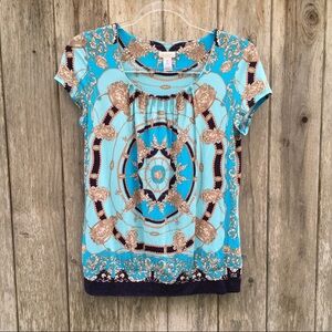 Chico's Blue and Gold Scarf Print Short Sleeve Top Blouse Size 0